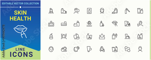 Skin Health line icon set. Featuring cosmetic, beauty, skincare, spa, body and more. Skin Care linear icon collection. Minimalist linear icons. Vector illustration.