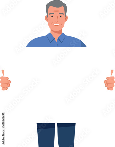 Smiling middle aged man holding blank white sign vector illustration with blue shirt and dark trousers 