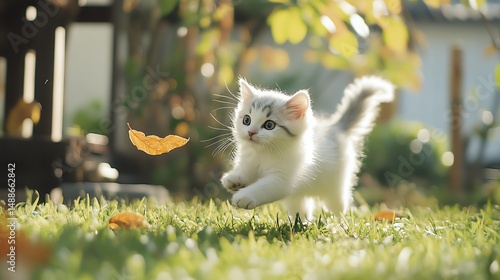 A playful kitten chases a falling leaf in a vibrant garden, showcasing the joy of playful moments in nature. This delightful scene captures the essence of childhood curiosity.