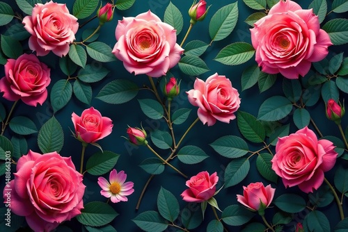 Intricate blooming roses, lush leaves repeat seamlessly , spring, roses, pattern