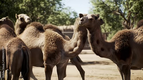 Dromedary Camel Herd at Rest in a Sandy Enclosure