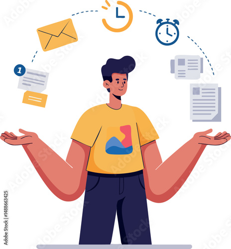 Man multitasking with floating icons of clock email and documents vector illustration 