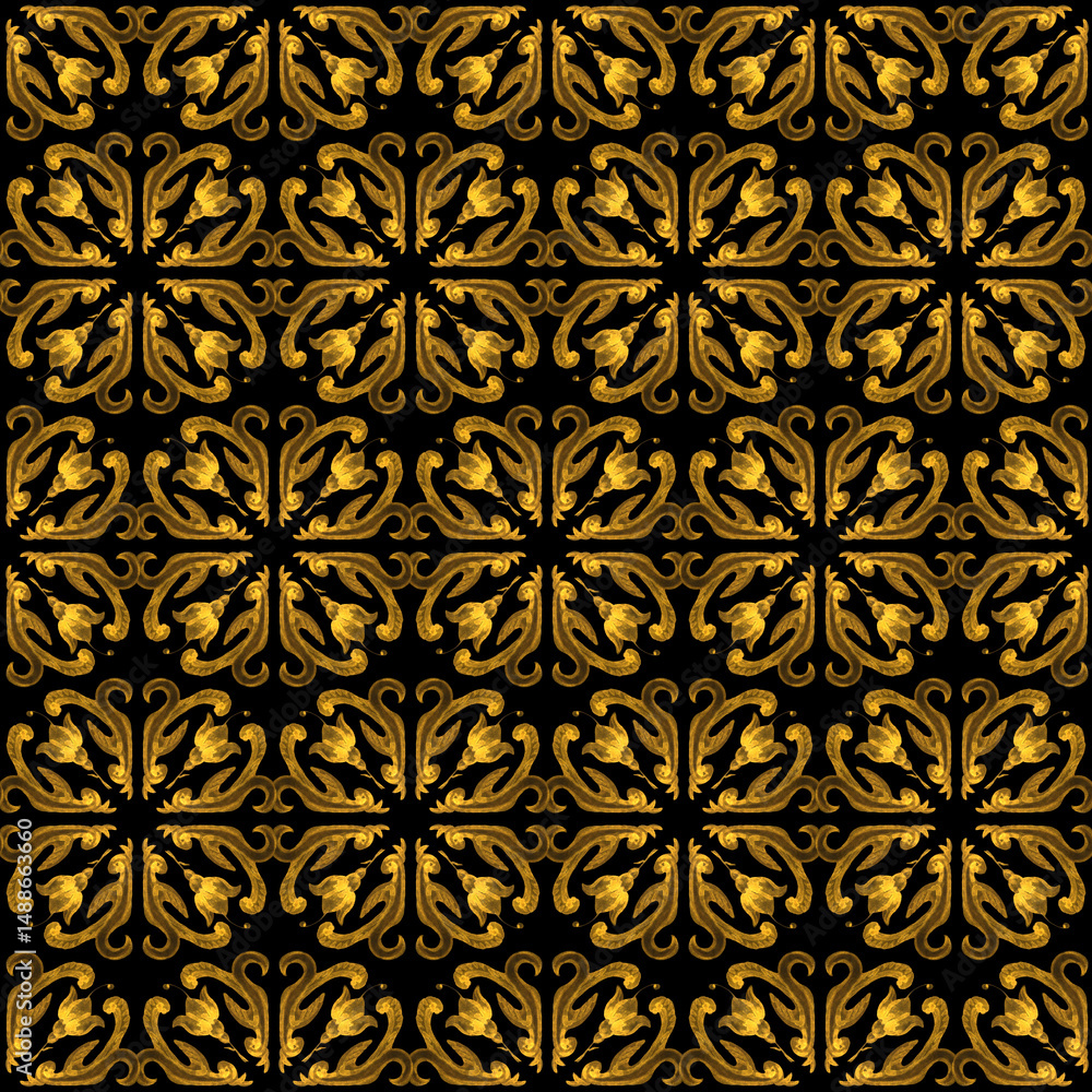 Seamless pattern on a black background. Hand drawn watercolor painted golden baroque scrolls, flowers and leaves Seamless pattern on a black background. Hand drawn watercolor painted golden baroque scrolls, flowers and leaves