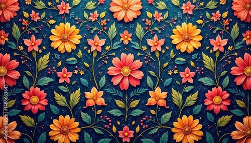 Intricate floral textile design, repeating motif, surface, vector