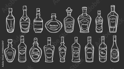 Alcohol bottles chalk outline set with vodka, whiskey, rum, gin, wine, beer, and more. Hand drawn white vector illustration on black for bar menu, decor, or vintage chalkboard design.