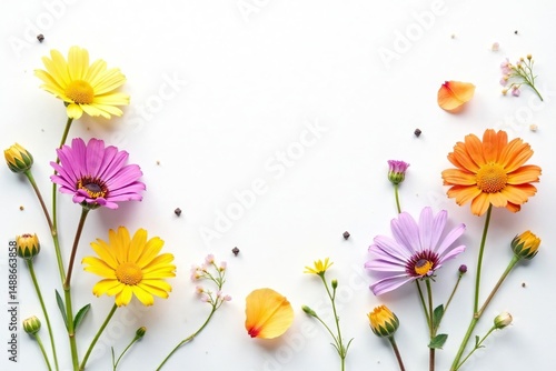 Delicate, scattered wildflowers on white background, texture, bloom, summer