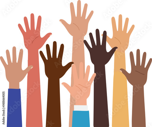 Diverse raised hands illustration showing unity and inclusion in multiple skin tones vector 