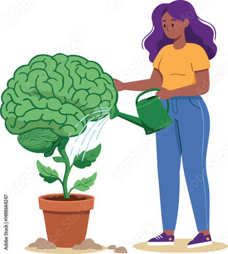 Woman nurturing brain shaped plant symbolizing mental growth and health care vector illustration 
