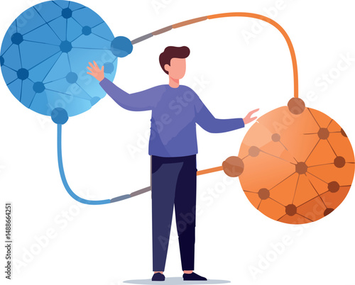 Man Connecting Blue and Orange Network Nodes Technology Concept Vector Illustration 