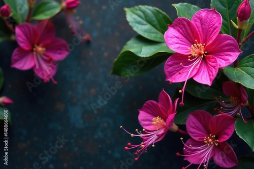 Vibrant fuchsia blossoms, intricate leafy details , floral design, background, art