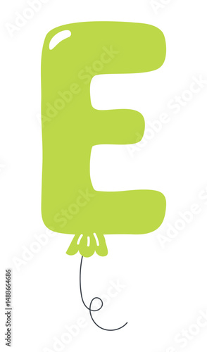 Latin letter E shaped balloon, rounded glossy design, isolated vector on transparent background. Hand drawn illustration. Holiday, party, celebration, anniversary, birthday card, banner element