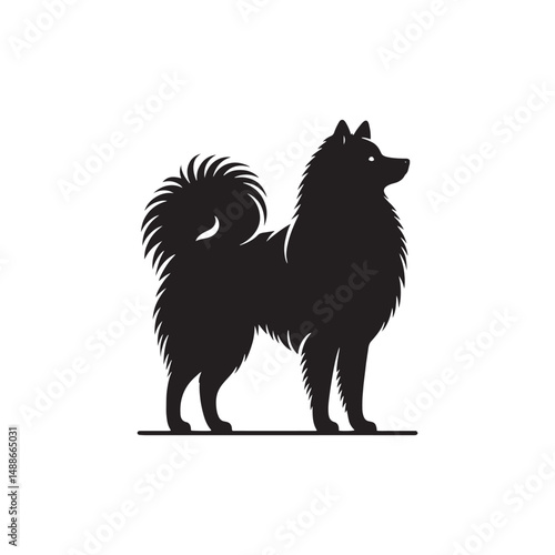 Elegant Finnish Spitz Dog Silhouette Vector Design Featuring the Distinct Foxlike Appearance, Pointed Ears, Curled Tail, and Proud Stance – Ideal for Prints, Logos, Stickers, and Pet Art.
