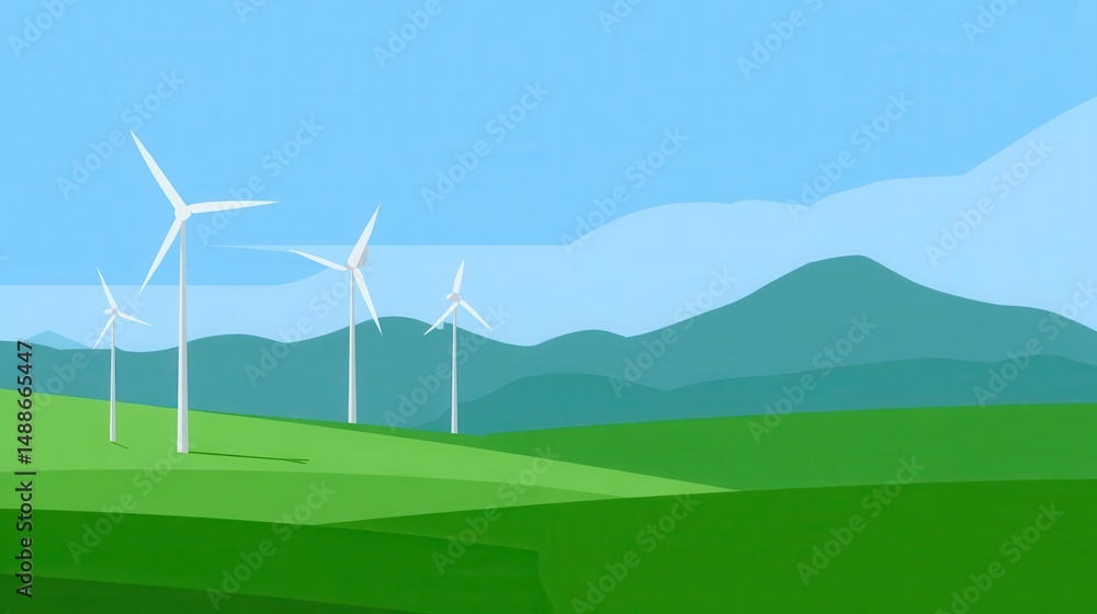 Obraz premium Simple illustration of wind turbines on a grassy plain.