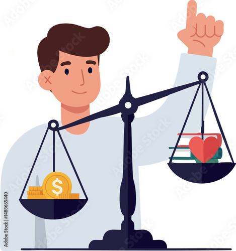 Man balancing money and heart symbol on scale illustrating financial and emotional value concept 
