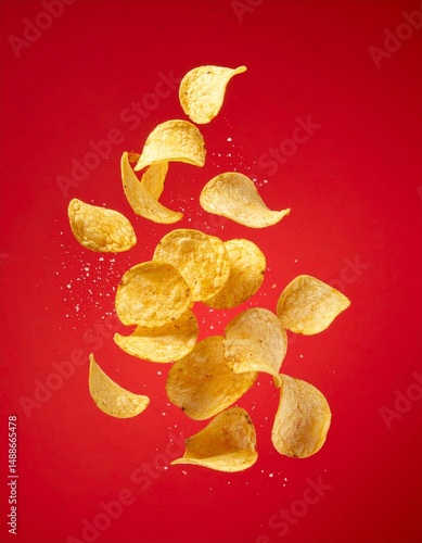 salty chips on red background
