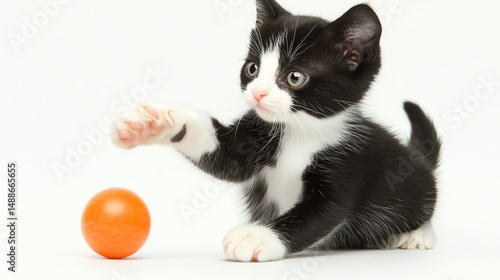 A playful black and white kitten reaches out with its paw towards a vibrant orange ball on a white background, capturing the essence of curiosity and joy in a pet's life.