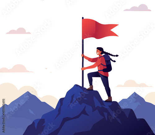 Woman hiker reaching mountain peak with red flag in outdoor adventure scene 