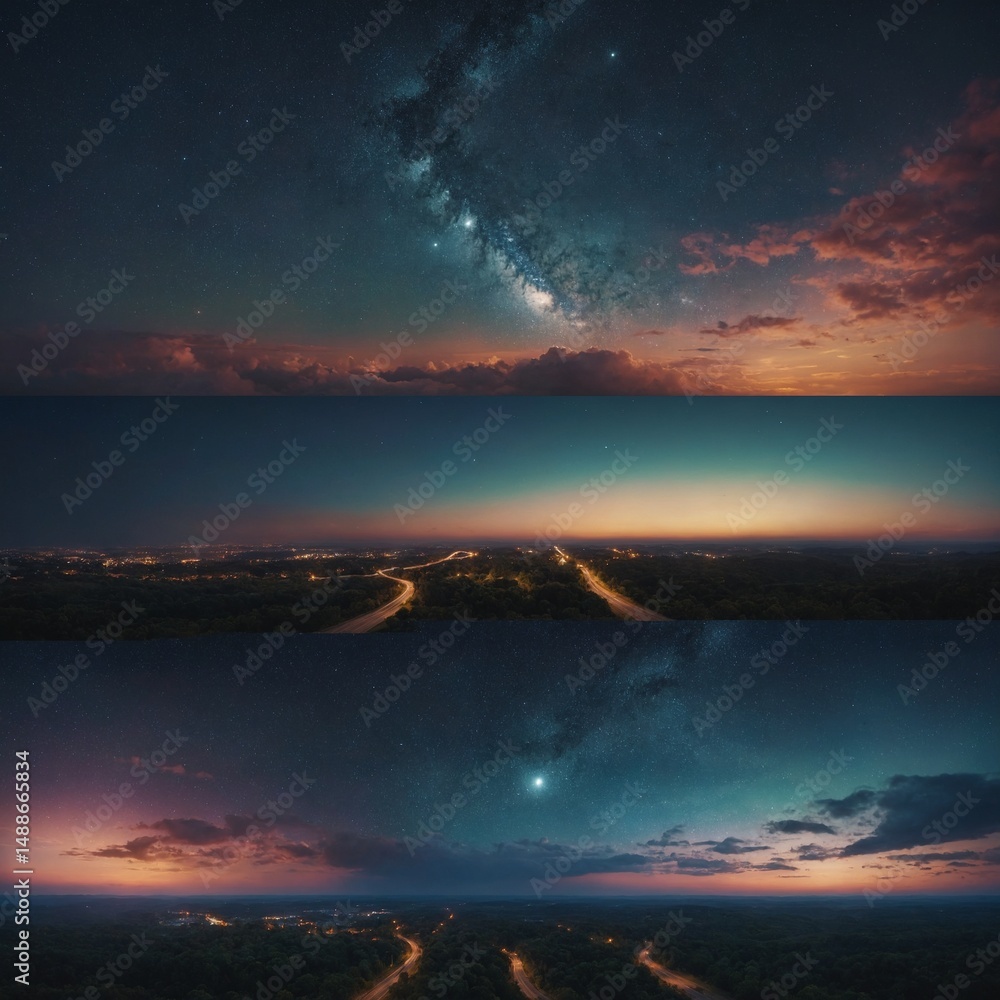 Naklejka premium Celestial Tapestry: A captivating panorama of the night sky unfolds, with a breathtaking display of the Milky Way, a luminous moon.