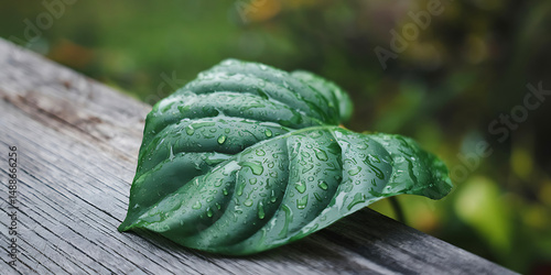 Vibrant green leaf with raindrops on a twig, lush blurred background, soft light highlights veins, symbolizing freshness and nature.