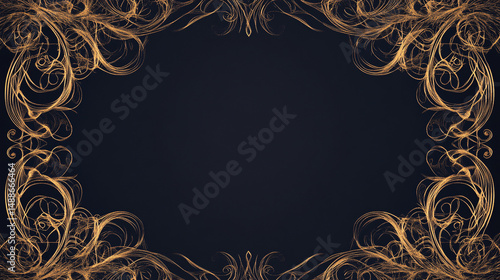 Understated gold filigree border on black background with thin golden frame, perfect for elegant luxury design.


