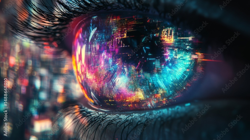 Vibrant Digital Eye Reflecting a Colorful Cityscape Vibrant Digital Eye Reflecting a Colorful Cityscape