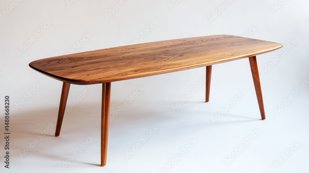 Sleek, low coffee table with a rich walnut wood top and tapered legs Sleek, low coffee table with a rich walnut wood top and tapered legs