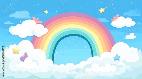 Colorful Rainbow with Clouds and Stars