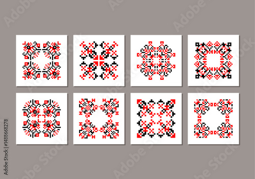 Set of traditional Ukrainian folk knitted embroidery ethnic mandala ornament vyshyvanka