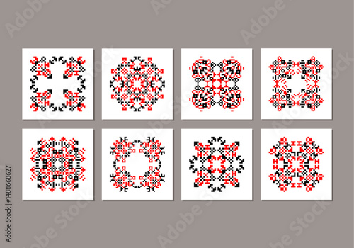 Set of traditional Ukrainian folk knitted embroidery ethnic mandala ornament vyshyvanka