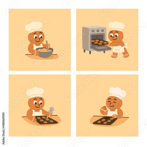 Gingerbread Cookie Chef Baking Process. Cute Christmas Illustration Set