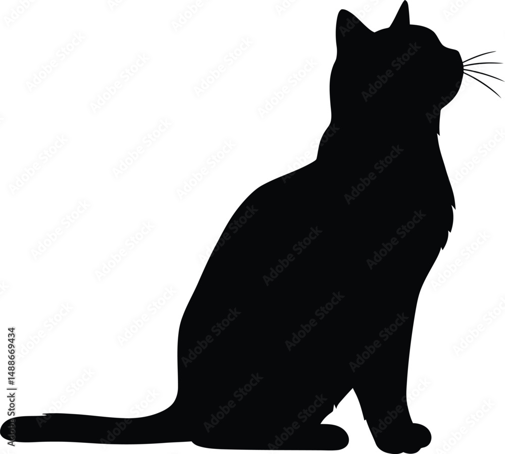 Obraz premium black cat silhouette,simple black and white illustration,minimalist feline portrait,high contrast cat figure,clean vector graphic design,elegant black cat shape,graphic cat icon,monochrome pet portra 