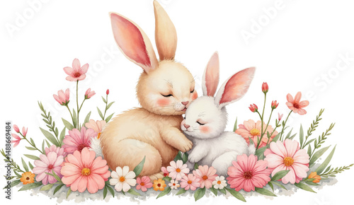Delicate watercolor illustration of a mother bunny cuddling with her baby on a bed of pastel flowers for a celebration