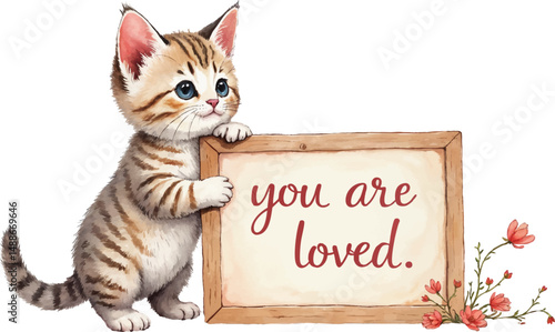 Kitten beside a sign conveying warmth with gentle watercolor tones