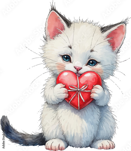 Kitten holds a heart-shaped gift, offering love and joy in soft watercolor tones for heartfelt moments