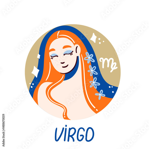 Virgo zodiac emblem. Drawing of woman with flowing orange hair and floral accents. The vector design astrology sign and horoscope.