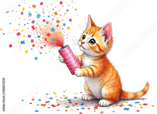 Playful kitten celebrates with a party popper and vibrant confetti in a cheerful watercolor illustration