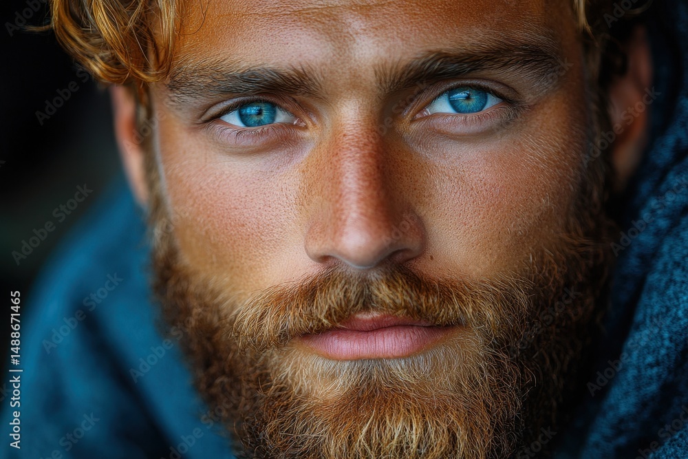 Obraz premium Young man with striking blue eyes and a thick beard displays a thoughtful expression, captured in natural light