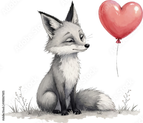 Fox sits gracefully with a heart-shaped balloon, symbolizing love and affection in soft watercolor tones