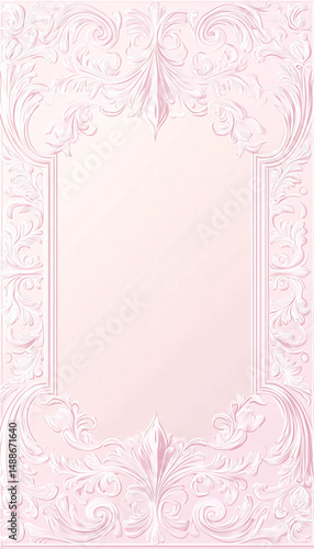 Elegant light pink 3D embossed damask background with decorative border, perfect for luxury festive cards.

