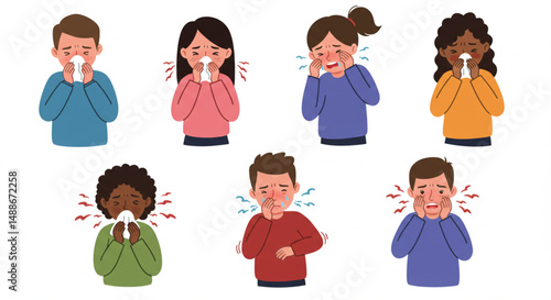 Cartoon Sick People Set Sneezing with Runny Nose and Flu Virus Vector Illustration