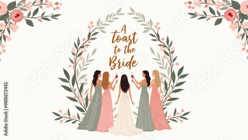 Bridal Shower Celebration with Bridesmaids – Elegant Wedding Party Illustration

