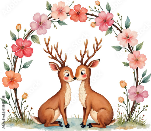 Deer couple cuddling under a pastel floral arch, a charming illustration for marriage congratulations