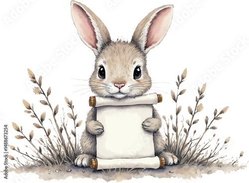 Bunny holding a wedding invitation scroll in gentle watercolor tones for elegant event themes