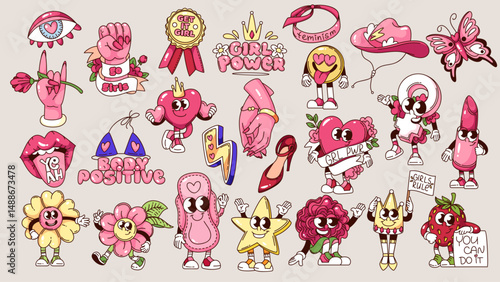 Groovy girl power, feminism cartoon characters and stickers set. Funny retro raised fist and flowers, quotes. Activism mascots, cartoon feminism typography badges of 70s 80s style vector illustration