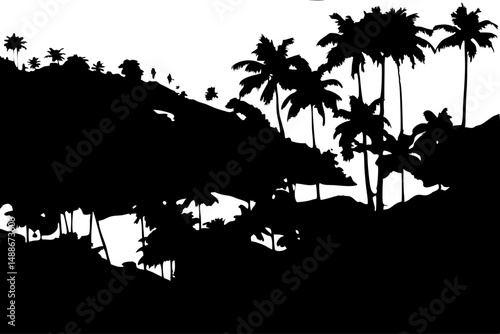 Black palm tree grove silhouette design on white background with transparency, palm tree, grove, silhouette, vector, tropical, summer, island, beach, coastline, vacation, holiday, nature, plant, lands