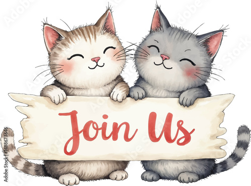 Charming watercolor illustration of a cat couple with a pastel banner inviting guests to celebrate together
