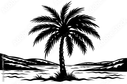 Black silhouette of a short stout palm tree on white, palm tree, silhouette, tropical, tree, short, stout, vacation, summer, nature, vector, design, plant, island, beach, black, white, outline, transp