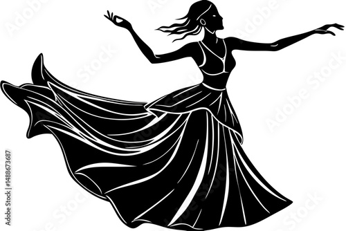 Silhouette of woman in flowing dress mid twirl on white background, silhouette, woman, dress, flowing dress, twirl, motion, dance, dancer, fashion, style, elegant, pose, movement, grace, vector, illus