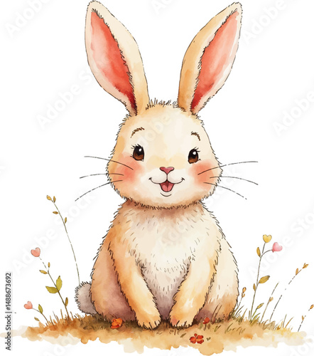 Cute watercolor illustration of a bunny with a heart-shaped balloon, conveying joy and love