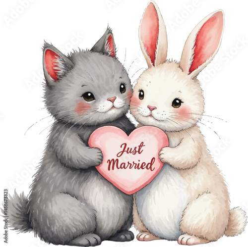 Cute watercolor illustration of a cat and bunny celebrating love with a heart sign on a white background